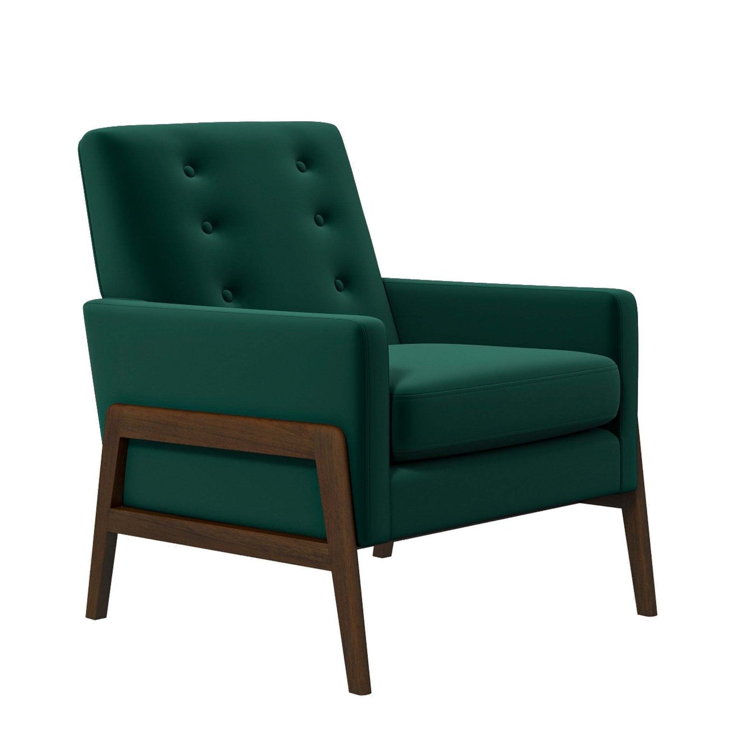 Modern green accent chair with wooden legs, button-tufted backrest, furniture at FredCo International