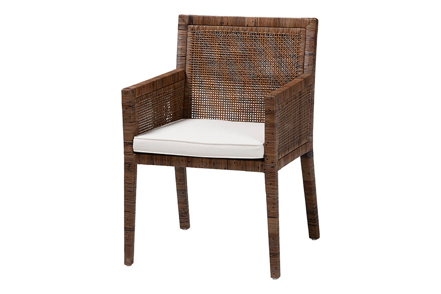 bali & pari Karis Rattan Dining Chair with Cushion - Handwoven Wicker Armchair with Mahogany Wood Frame, Coastal Boho Style Indoor Seating, Antique Coffee