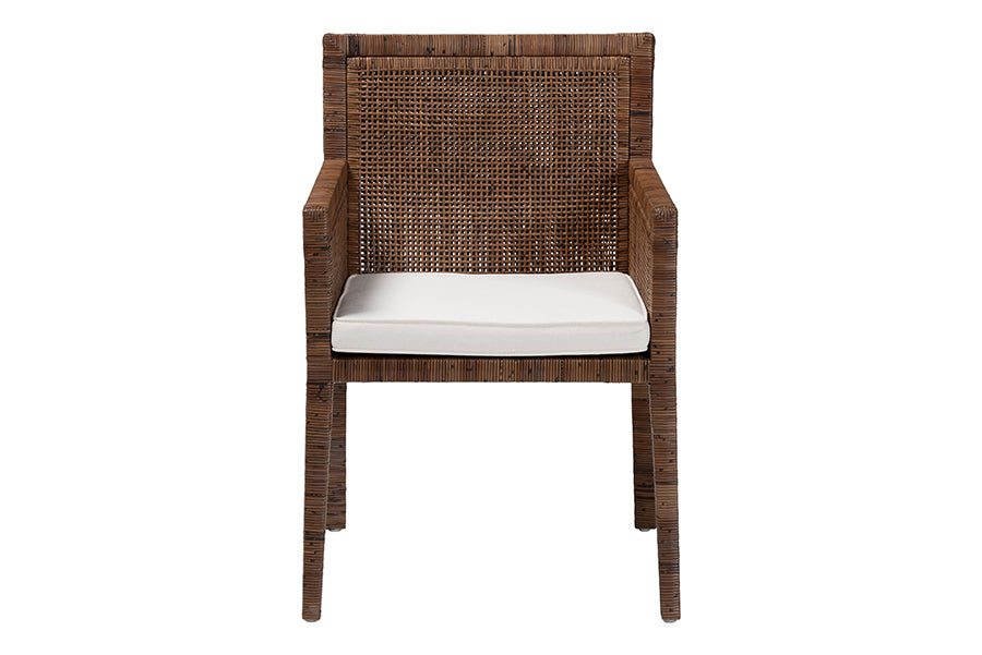 bali & pari Karis Rattan Dining Chair with Cushion - Handwoven Wicker Armchair with Mahogany Wood Frame, Coastal Boho Style Indoor Seating, Antique Coffee