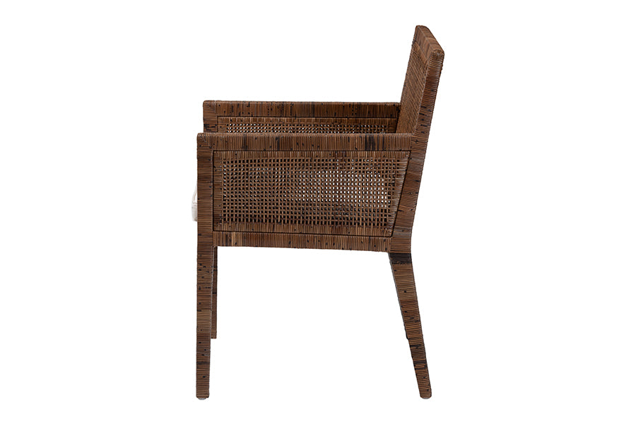 bali & pari Karis Rattan Dining Chair with Cushion - Handwoven Wicker Armchair with Mahogany Wood Frame, Coastal Boho Style Indoor Seating, Antique Coffee
