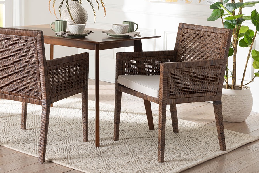 bali & pari Karis Rattan Dining Chair with Cushion - Handwoven Wicker Armchair with Mahogany Wood Frame, Coastal Boho Style Indoor Seating, Antique Coffee