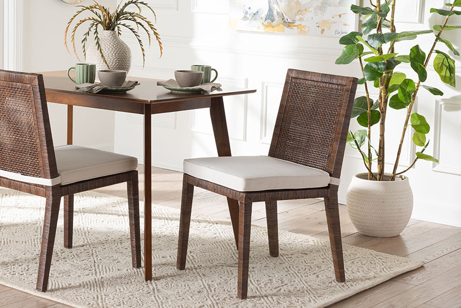 bali & pari Sofia Rattan Dining Chair with Cushion - Handwoven Wicker Side Chair with Mahogany Wood Frame, Coastal Boho Style Indoor Seating, Antique Coffee