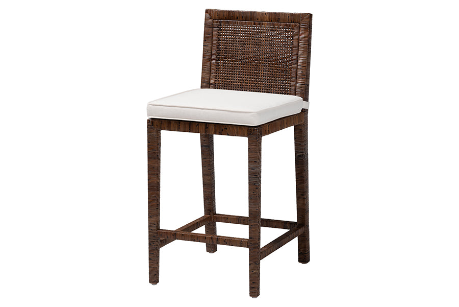 bali & pari Sofia Rattan Counter Stool with Mahogany Wood Frame - Handwoven Wicker Counter Height Chair with Cushion, Coastal Boho Style Kitchen Island Seating, Antique Coffee