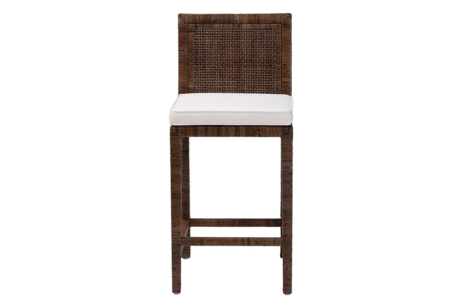 bali & pari Sofia Rattan Counter Stool with Mahogany Wood Frame - Handwoven Wicker Counter Height Chair with Cushion, Coastal Boho Style Kitchen Island Seating, Antique Coffee