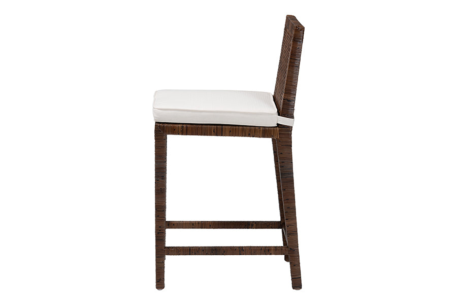 bali & pari Sofia Rattan Counter Stool with Mahogany Wood Frame - Handwoven Wicker Counter Height Chair with Cushion, Coastal Boho Style Kitchen Island Seating, Antique Coffee