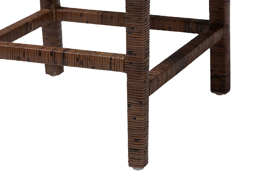 bali & pari Sofia Rattan Counter Stool with Mahogany Wood Frame - Handwoven Wicker Counter Height Chair with Cushion, Coastal Boho Style Kitchen Island Seating, Antique Coffee