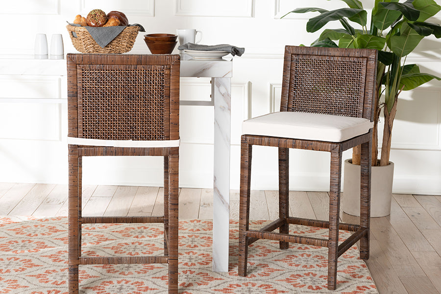 bali & pari Sofia Rattan Counter Stool with Mahogany Wood Frame - Handwoven Wicker Counter Height Chair with Cushion, Coastal Boho Style Kitchen Island Seating, Antique Coffee