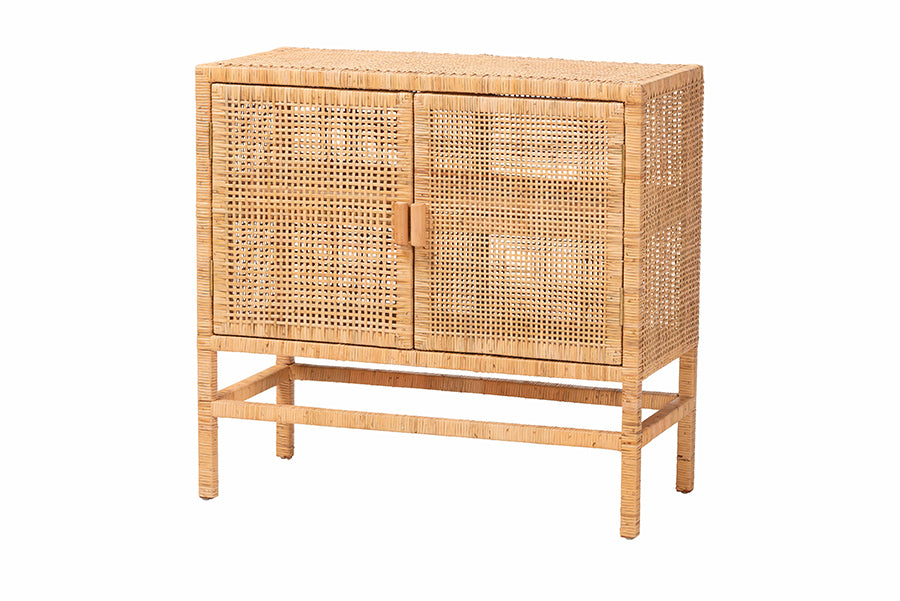 bali & pari Vivan Natural Rattan Storage Cabinet - 2-Tier Handwoven Wicker Accent Cabinet with Double Doors and Elevated Base, Natural Brown