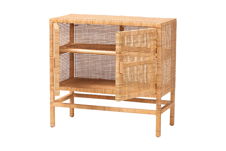 bali & pari Vivan Natural Rattan Storage Cabinet - 2-Tier Handwoven Wicker Accent Cabinet with Double Doors and Elevated Base, Natural Brown