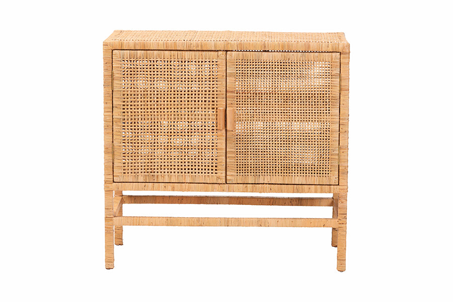 bali & pari Vivan Natural Rattan Storage Cabinet - 2-Tier Handwoven Wicker Accent Cabinet with Double Doors and Elevated Base, Natural Brown