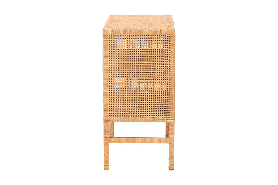 bali & pari Vivan Natural Rattan Storage Cabinet - 2-Tier Handwoven Wicker Accent Cabinet with Double Doors and Elevated Base, Natural Brown