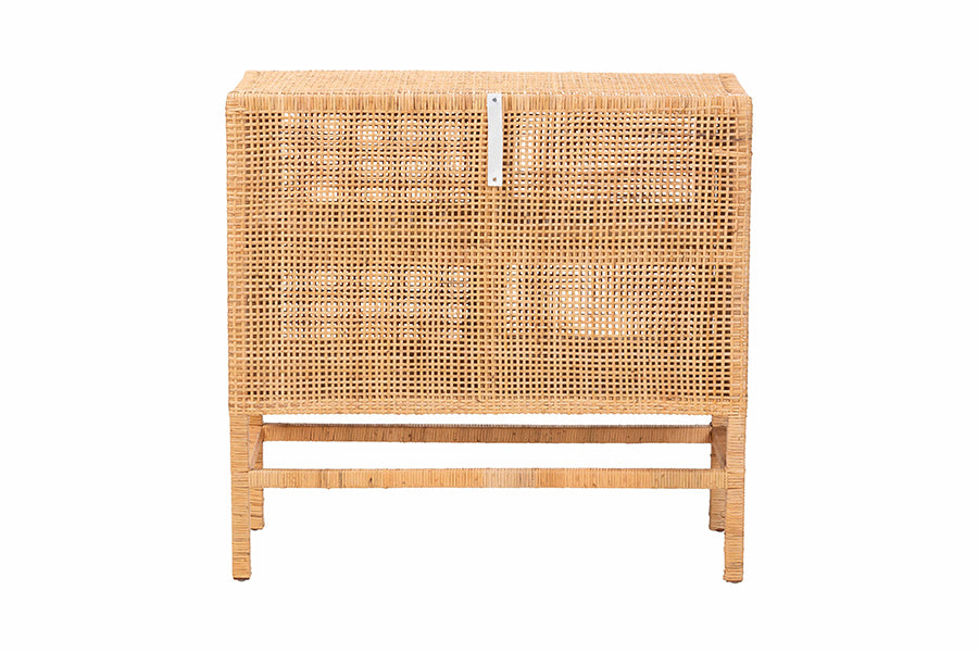 bali & pari Vivan Natural Rattan Storage Cabinet - 2-Tier Handwoven Wicker Accent Cabinet with Double Doors and Elevated Base, Natural Brown