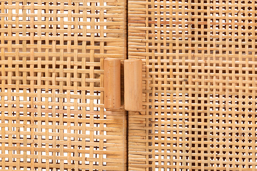 bali & pari Vivan Natural Rattan Storage Cabinet - 2-Tier Handwoven Wicker Accent Cabinet with Double Doors and Elevated Base, Natural Brown