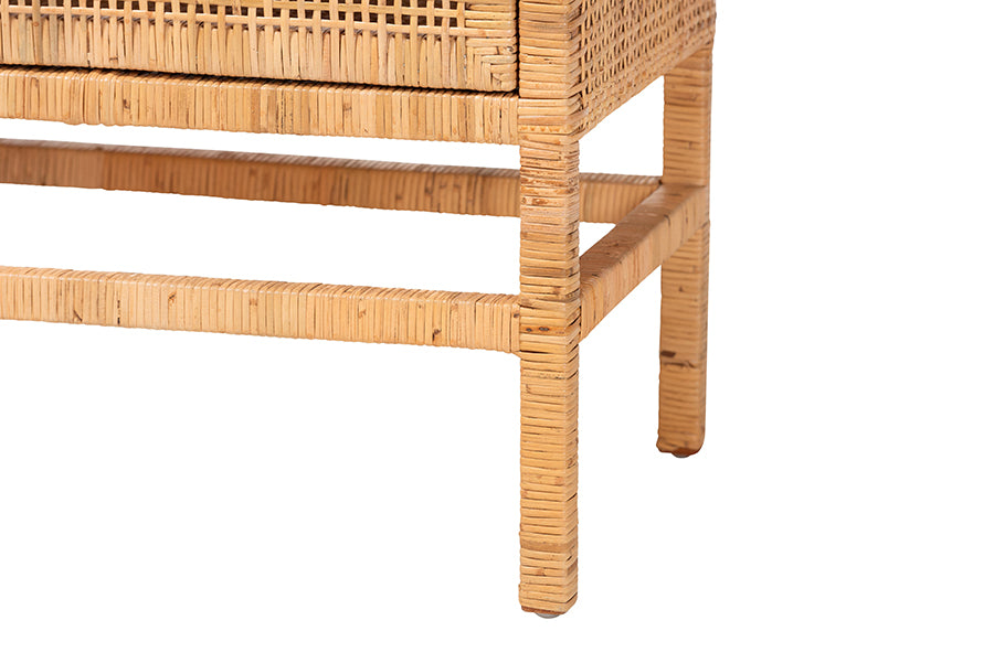 bali & pari Vivan Natural Rattan Storage Cabinet - 2-Tier Handwoven Wicker Accent Cabinet with Double Doors and Elevated Base, Natural Brown
