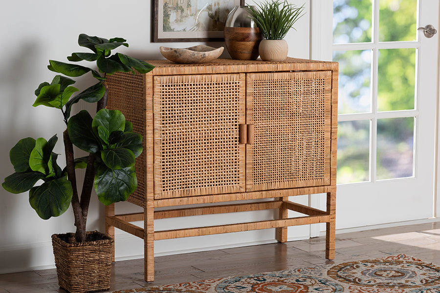 bali & pari Vivan Natural Rattan Storage Cabinet - 2-Tier Handwoven Wicker Accent Cabinet with Double Doors and Elevated Base, Natural Brown