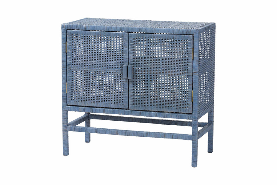 bali & pari Vivan Natural Rattan Storage Cabinet - 2-Tier Handwoven Wicker Accent Cabinet with Double Doors and Elevated Base, Navy Blue