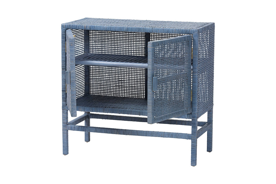 bali & pari Vivan Natural Rattan Storage Cabinet - 2-Tier Handwoven Wicker Accent Cabinet with Double Doors and Elevated Base, Navy Blue
