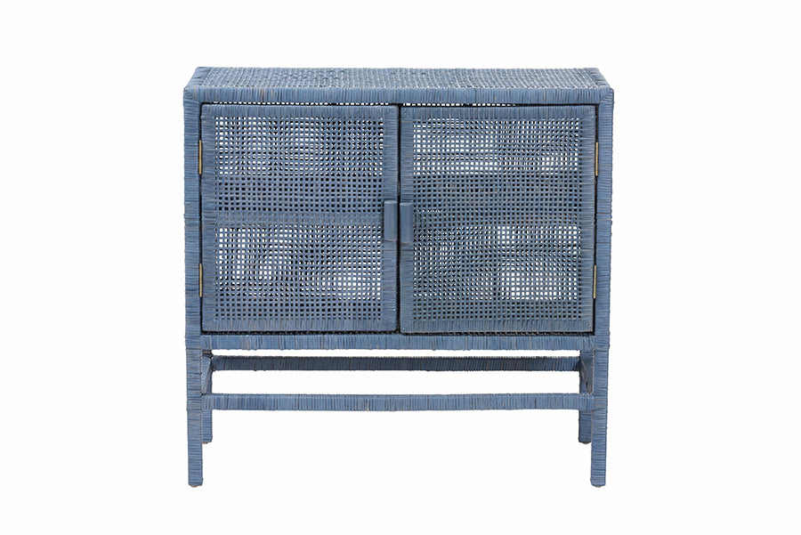 bali & pari Vivan Natural Rattan Storage Cabinet - 2-Tier Handwoven Wicker Accent Cabinet with Double Doors and Elevated Base, Navy Blue