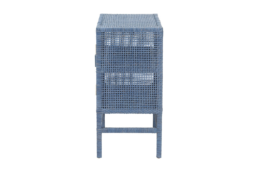 bali & pari Vivan Natural Rattan Storage Cabinet - 2-Tier Handwoven Wicker Accent Cabinet with Double Doors and Elevated Base, Navy Blue