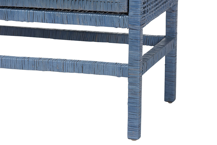 bali & pari Vivan Natural Rattan Storage Cabinet - 2-Tier Handwoven Wicker Accent Cabinet with Double Doors and Elevated Base, Navy Blue