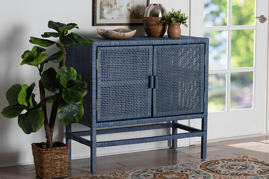 bali & pari Vivan Natural Rattan Storage Cabinet - 2-Tier Handwoven Wicker Accent Cabinet with Double Doors and Elevated Base, Navy Blue