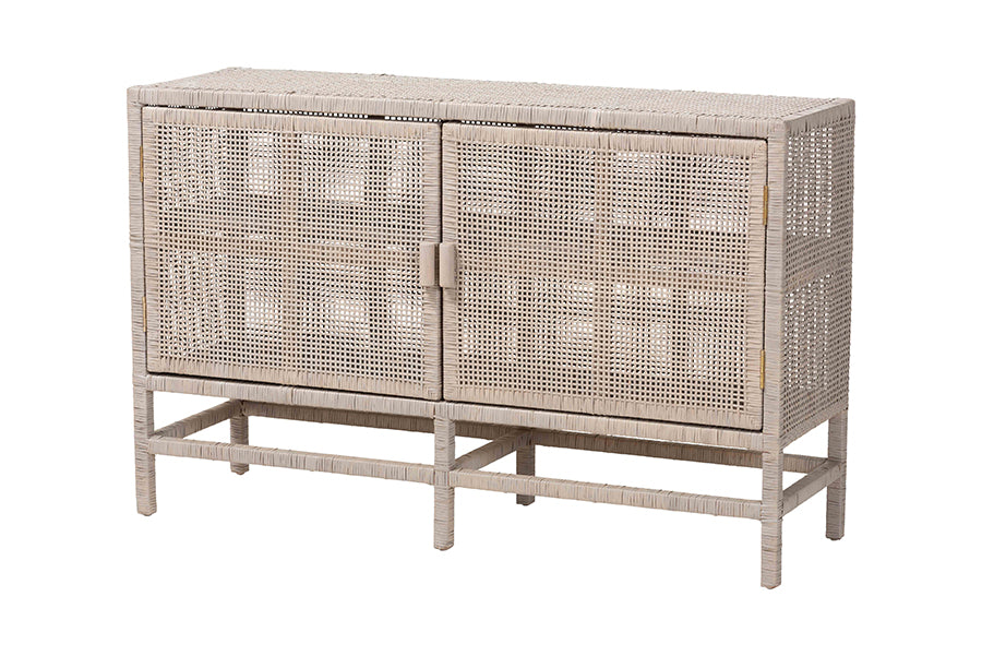 bali & pari Vivan Natural Rattan Storage Cabinet - 2-Tier Handwoven Wicker Accent Cabinet with Double Doors and Elevated Base, French Grey