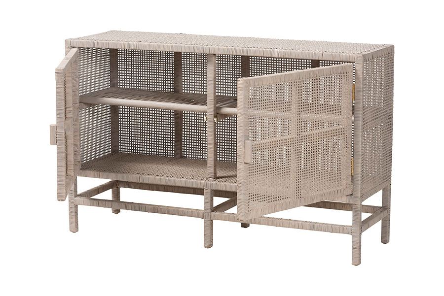 bali & pari Vivan Natural Rattan Storage Cabinet - 2-Tier Handwoven Wicker Accent Cabinet with Double Doors and Elevated Base, French Grey