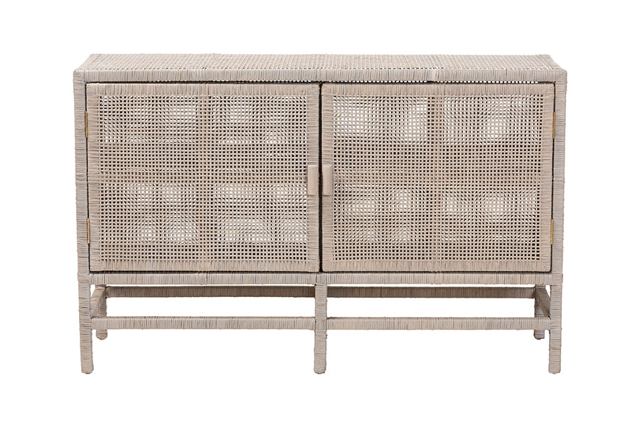 bali & pari Vivan Natural Rattan Storage Cabinet - 2-Tier Handwoven Wicker Accent Cabinet with Double Doors and Elevated Base, French Grey