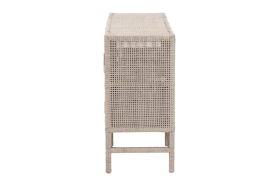 bali & pari Vivan Natural Rattan Storage Cabinet - 2-Tier Handwoven Wicker Accent Cabinet with Double Doors and Elevated Base, French Grey