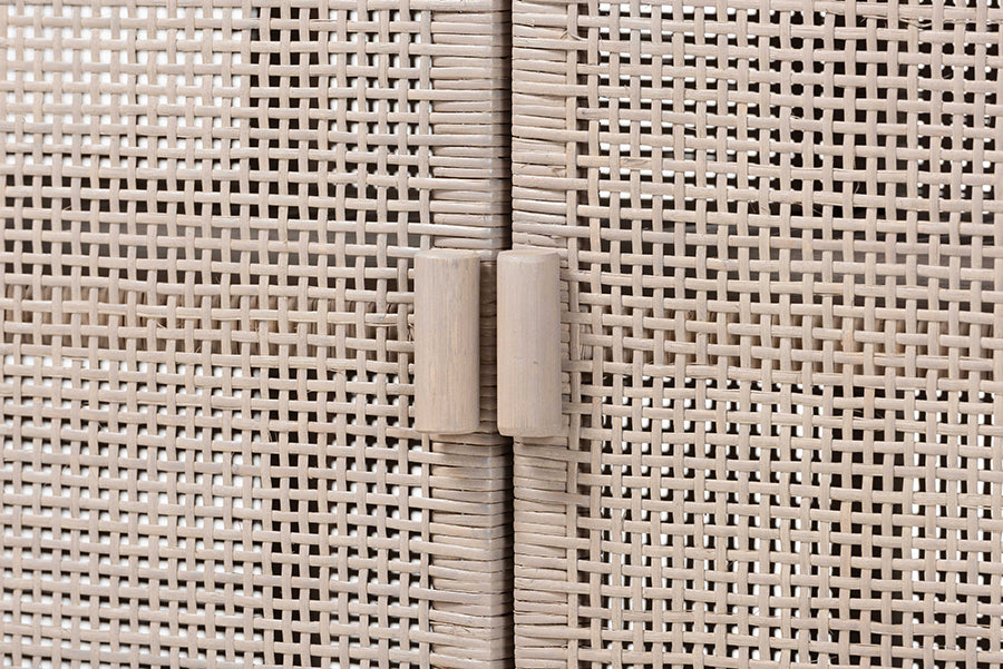 bali & pari Vivan Natural Rattan Storage Cabinet - 2-Tier Handwoven Wicker Accent Cabinet with Double Doors and Elevated Base, French Grey