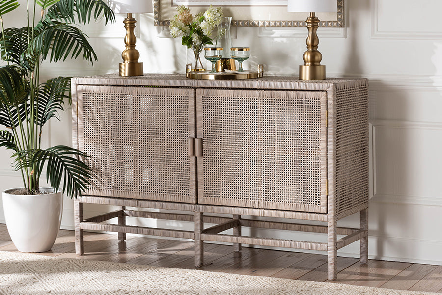 bali & pari Vivan Natural Rattan Storage Cabinet - 2-Tier Handwoven Wicker Accent Cabinet with Double Doors and Elevated Base, French Grey