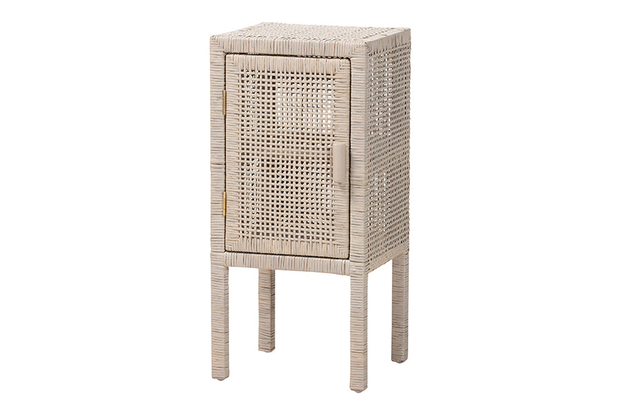 bali & pari Vivan Natural Rattan Nightstand - Handwoven Wicker Accent Bedside Table with Interior Shelving and Elevated Base, French Grey