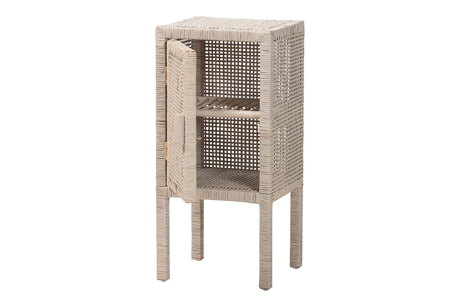 bali & pari Vivan Natural Rattan Nightstand - Handwoven Wicker Accent Bedside Table with Interior Shelving and Elevated Base, French Grey