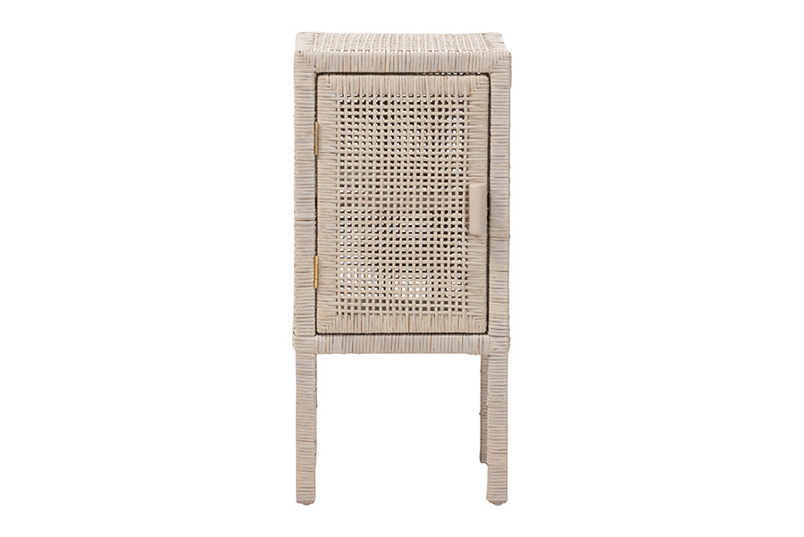bali & pari Vivan Natural Rattan Nightstand - Handwoven Wicker Accent Bedside Table with Interior Shelving and Elevated Base, French Grey