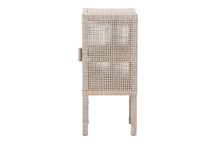 bali & pari Vivan Natural Rattan Nightstand - Handwoven Wicker Accent Bedside Table with Interior Shelving and Elevated Base, French Grey