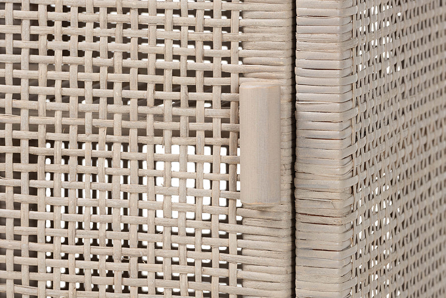 bali & pari Vivan Natural Rattan Nightstand - Handwoven Wicker Accent Bedside Table with Interior Shelving and Elevated Base, French Grey