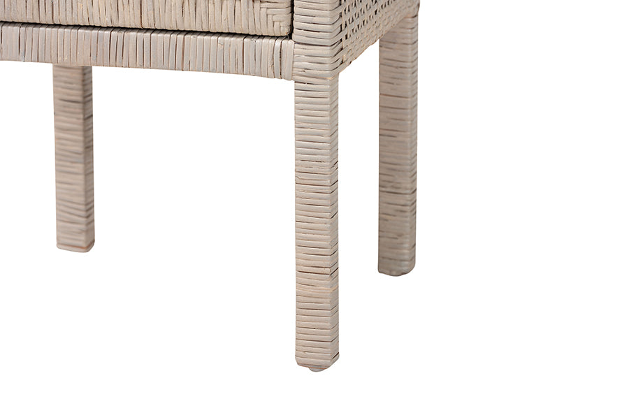 bali & pari Vivan Natural Rattan Nightstand - Handwoven Wicker Accent Bedside Table with Interior Shelving and Elevated Base, French Grey