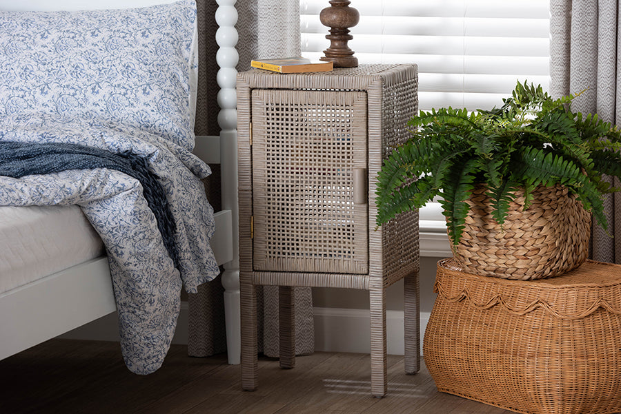 bali & pari Vivan Natural Rattan Nightstand - Handwoven Wicker Accent Bedside Table with Interior Shelving and Elevated Base, French Grey