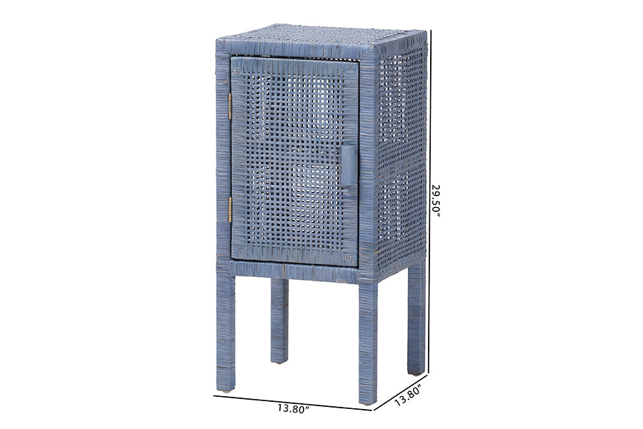 bali & pari Vivan Natural Rattan Nightstand - Handwoven Wicker Accent Bedside Table with Interior Shelving and Elevated Base, Navy Blue