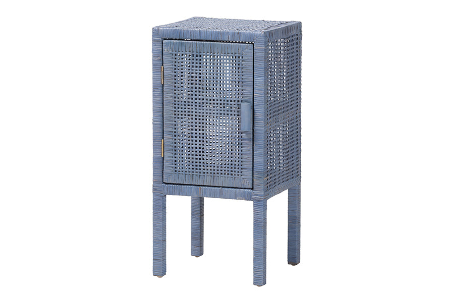 bali & pari Vivan Natural Rattan Nightstand - Handwoven Wicker Accent Bedside Table with Interior Shelving and Elevated Base, Navy Blue