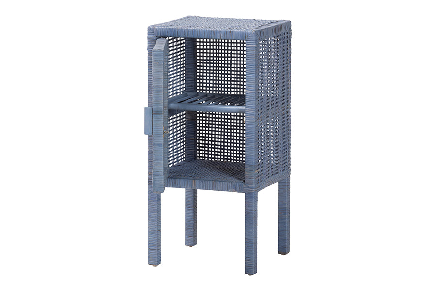 bali & pari Vivan Natural Rattan Nightstand - Handwoven Wicker Accent Bedside Table with Interior Shelving and Elevated Base, Navy Blue
