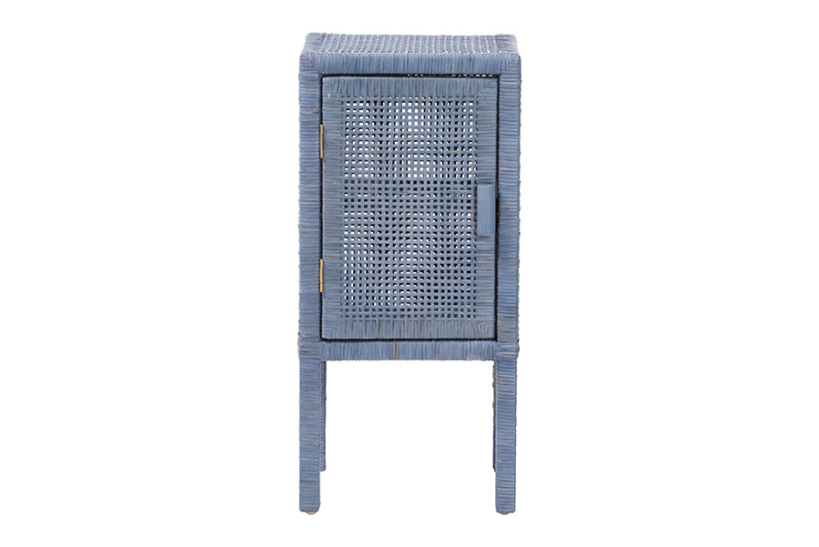 bali & pari Vivan Natural Rattan Nightstand - Handwoven Wicker Accent Bedside Table with Interior Shelving and Elevated Base, Navy Blue