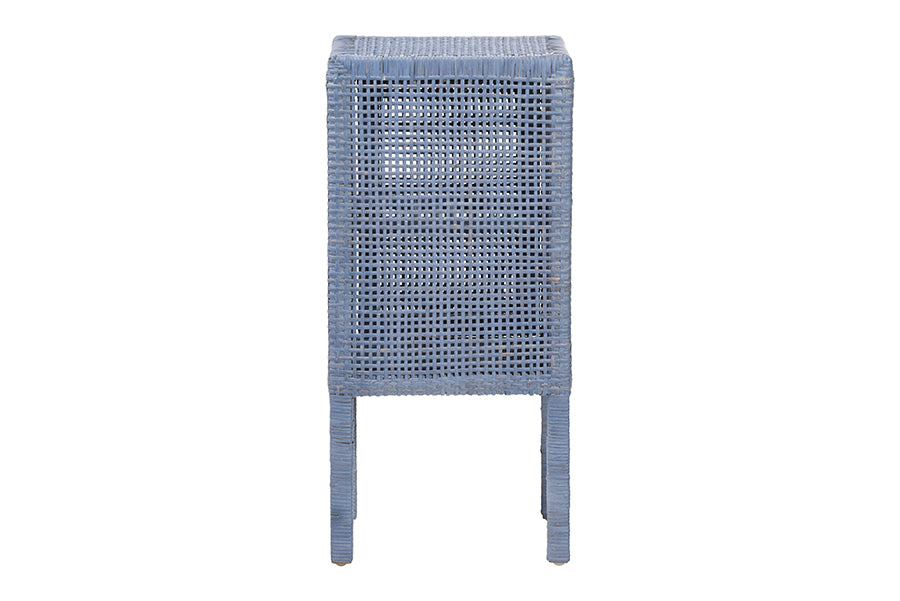 bali & pari Vivan Natural Rattan Nightstand - Handwoven Wicker Accent Bedside Table with Interior Shelving and Elevated Base, Navy Blue