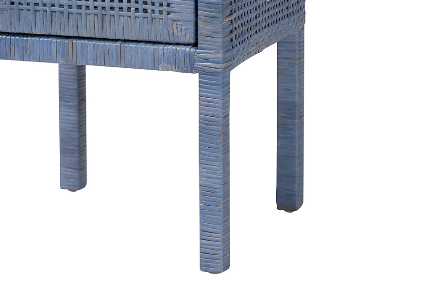 bali & pari Vivan Natural Rattan Nightstand - Handwoven Wicker Accent Bedside Table with Interior Shelving and Elevated Base, Navy Blue
