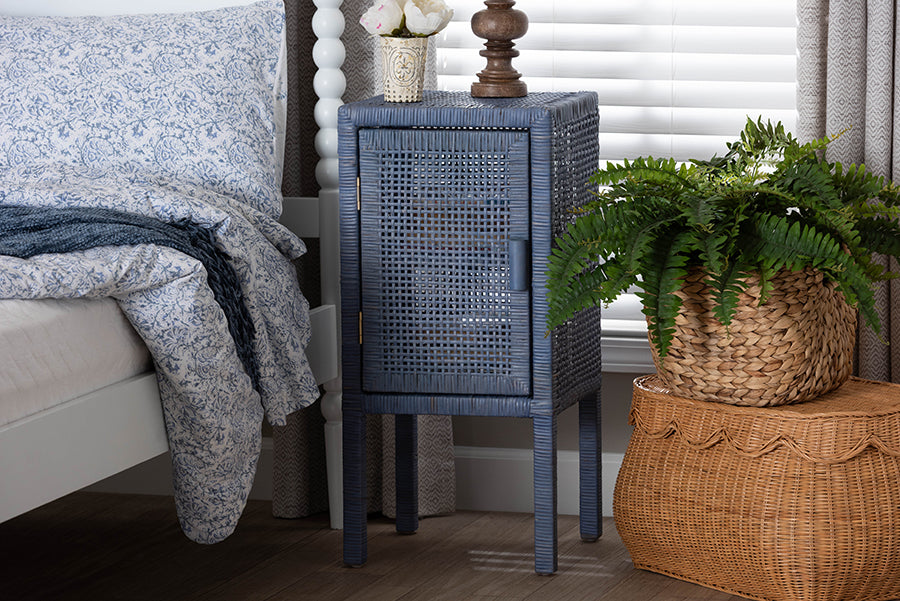 bali & pari Vivan Natural Rattan Nightstand - Handwoven Wicker Accent Bedside Table with Interior Shelving and Elevated Base, Navy Blue