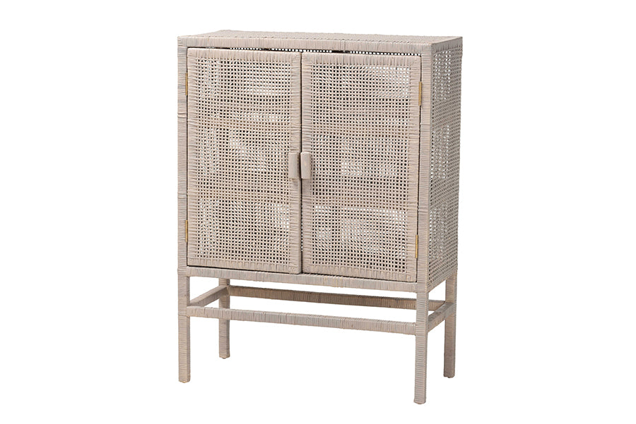 bali & pari Vivan Natural Rattan Storage Cabinet - 3-Tier Handwoven Wicker Accent Cabinet with Double Doors and Elevated Base, French Grey