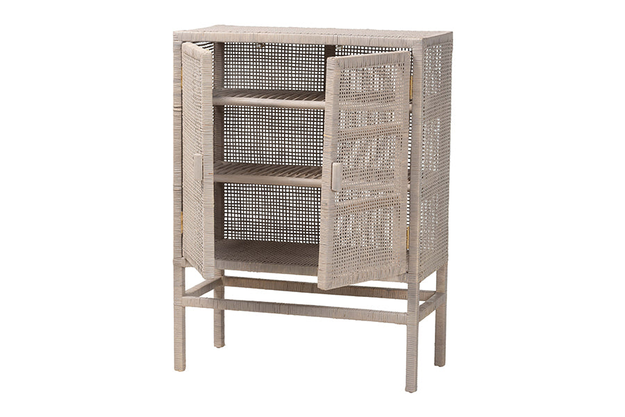 bali & pari Vivan Natural Rattan Storage Cabinet - 3-Tier Handwoven Wicker Accent Cabinet with Double Doors and Elevated Base, French Grey