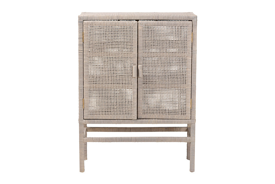 bali & pari Vivan Natural Rattan Storage Cabinet - 3-Tier Handwoven Wicker Accent Cabinet with Double Doors and Elevated Base, French Grey
