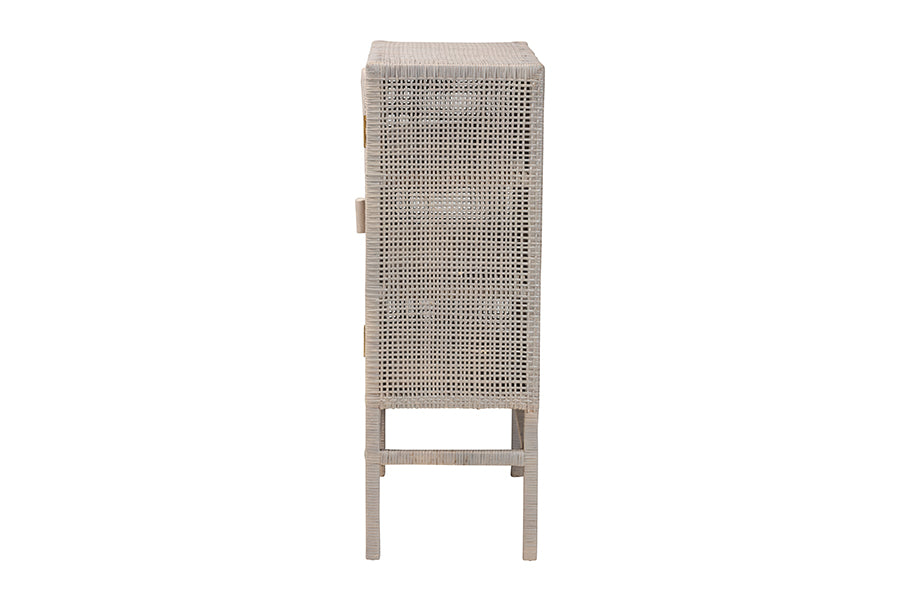 bali & pari Vivan Natural Rattan Storage Cabinet - 3-Tier Handwoven Wicker Accent Cabinet with Double Doors and Elevated Base, French Grey