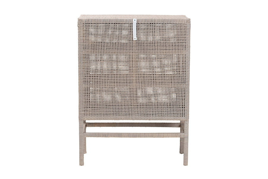 bali & pari Vivan Natural Rattan Storage Cabinet - 3-Tier Handwoven Wicker Accent Cabinet with Double Doors and Elevated Base, French Grey